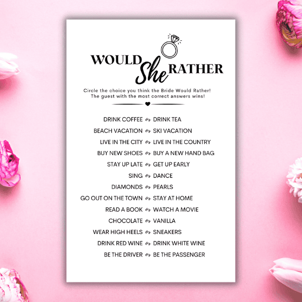 The Best Would She Rather Bridal Shower Game Free Printable