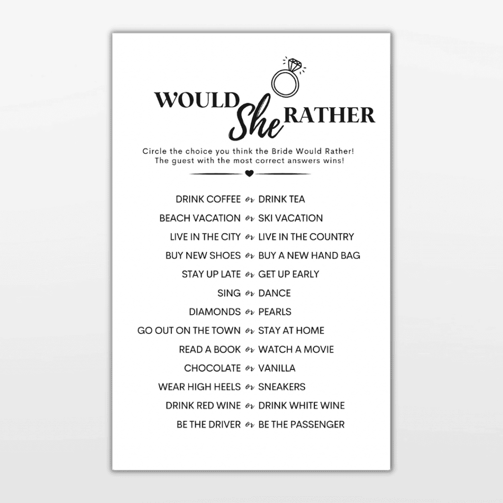 would she rather bridal shower game free printable